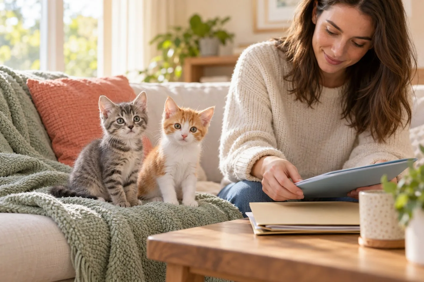 Two young kittens, a gray tabby and an orange-and-white kitten, beside a caregiver with folders